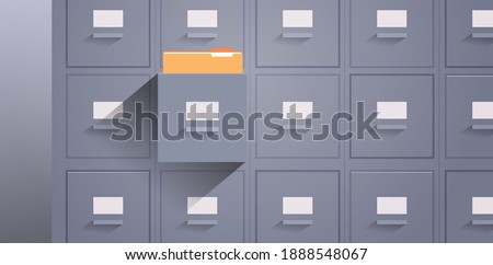 office wall of filing cabinet with open card catalog document data archive storage folders for files business administration concept horizontal vector illustration