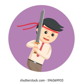 office warrior with katana in circle background