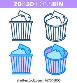 The Office Waste Bin. Flat And Isometric 3d Outline Icon Set. The Trash Can, Wastebasket With Paper Sheets Line Pictograms. Vector Linear Infographic Element For Web Design, Social Media, Presentation