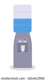 Office water cooler, water dispenser, heating or cooling, hot and cold. Red and blue indicator. Watercooler machine poster with construction made of gallon. Flat vector image isolated on white