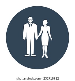 Office web icon. Introduction symbol. White 2 people silhouette on dark grey background with shadow. Round dark gray circle flat icon with long shadow. Vector isolated
