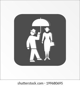Office web icon. Meeting symbol.  White 2 people isolated silhouette on dark grey background. Vector illustration