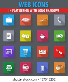 Office web icons in flat design with long shadows