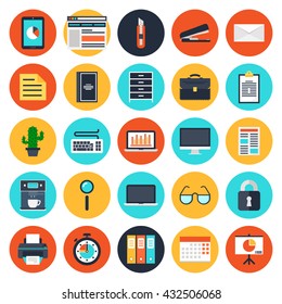 Office web icons. Modern flat icons vector collection of business elements, office equipment and marketing items.Office elements icons.Web icons isolated on white background.