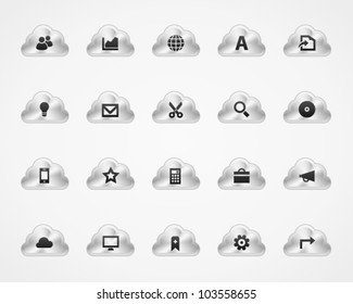 Office and web icons on metallic cloud buttons, set 3