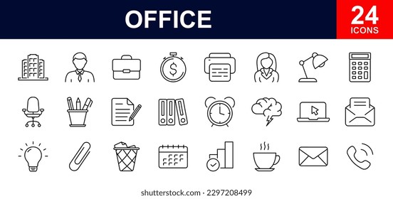 Office web icons set. Office - simple thin line icons collection. Containing office building, workplace, business communication, business, company, work, and more. Simple web icons set