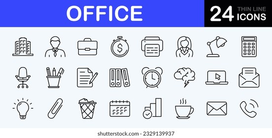 Office web icons set. Work place - simple thin line icons collection. Containing office building, workplace, business communication, business, company, work, and more. Simple web icons set