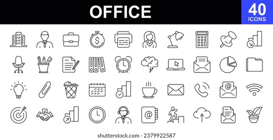 Office web icons set. Work place - simple thin line icons collection. Containing office building, workplace, business communication, business, company, work, and more. Simple web icons set