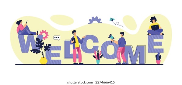 Office welcome page. Presentation message. Greeting word. For new worker. Boss celebration. Employee team members. Invitation lettering. Chatting people. Friends meeting. Vector concept