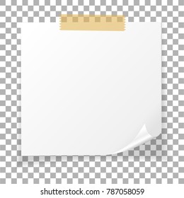 Office white paper sticky note isolated on transparent background. Post on sticky tape. Template for your projects. Vector illustration