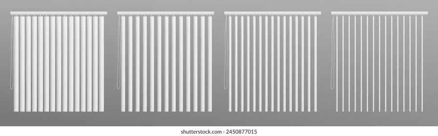 Pasos de apertura de jalousie de Vertical de ventana de Office. Cerrado, abierto y abierto interior veneciano ciego. Conjunto de Ilustración vectorial 3D realista de maqueta de persianas blancas en blanco con cable de control.