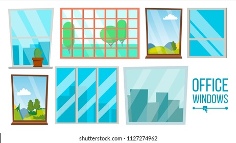 Office Windows Set Vector. Business Apartment Interior Design Element. Different Types. City View. Isolated Illustration
