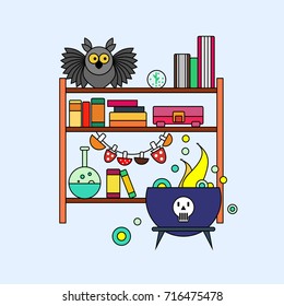 The office witch: a boiling cauldron with potion, skull, retort, bookcase and 

an owl. Halloween. Illustration in flat style
