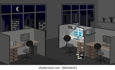 Office without people in the evening. Vector illustration of a working office after people leave work. Working environment.