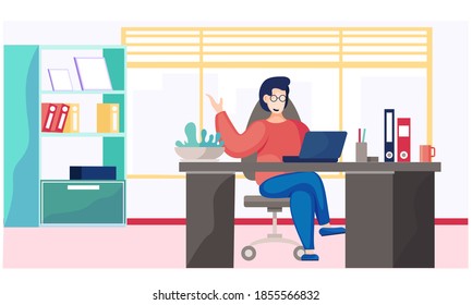 Office woman behind a desk with a laptop. Business woman or a clerk working at her workplace flat style illustration. Smiling girl in glasses office worker enterpreneur performs work on a computer