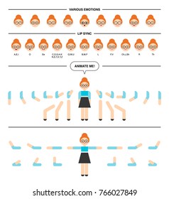 Office woman character constructor for animation with lip sync. Flat style vector illustration collection isolated on white background. Set of various women's poses, faces, mouth, hands, legs