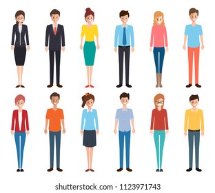 Office woman character flat design vector. Business people in different clothes style. Group of people working.