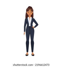 Office Woman Character with Ponytail Wearing Formal Suit Standing and Smiling Vector Illustration