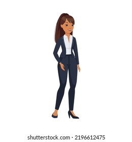 Office Woman Character with Ponytail Wearing Formal Suit Standing and Smiling Vector Illustration