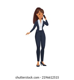 Office Woman Character with Ponytail Wearing Formal Suit Standing and Speaking by Phone Vector Illustration