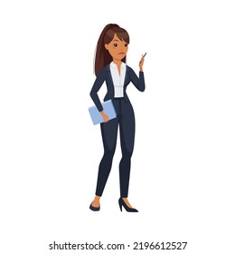 Office Woman Character with Ponytail Wearing Formal Suit Standing with Pensive Face Expression Vector Illustration