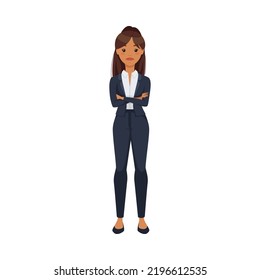 Office Woman Character with Ponytail Wearing Formal Suit Standing with Folded Arms Vector Illustration
