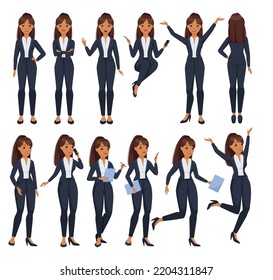 Office Woman Character with Ponytail Wearing Formal Suit in Different Pose Vector Set