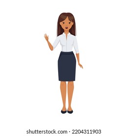 Office Woman Character Wearing White Blouse and Skirt in Standing Pose with Raised Hand Vector Illustration