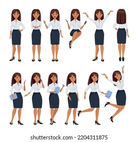 Office Woman Character in White Blouse and Skirt in Different Pose Vector Set