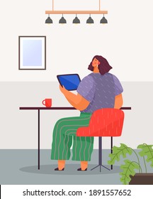 Office woman at a desk with a tablet pc. Business woman or a clerk working at her office table flat style illustration. Smiling girl manager office worker enterpreneur performs work on a computer
