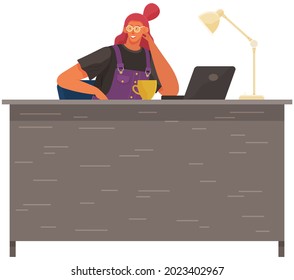 Office woman at desk with tablet pc. Businesswoman working at her table, drinking coffee during break. Smiling girl manager at reception, office worker enterpreneur, student performs work on computer