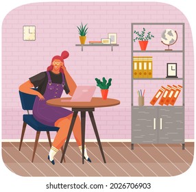 Office woman at desk with tablet pc. Businesswoman or clerk working at her table, student studying remotely. Smiling girl manager office worker enterpreneur performs work on computer, freelancer