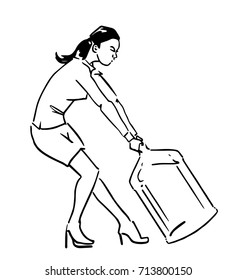 office woman dragging a big bottle of water, black and white vector sketch, simple drawing isolated at white background