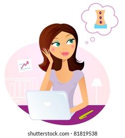 Office woman dreaming about massage Busy office woman dreaming about relaxation. Vector Illustration.