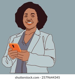 An office woman dressed in professional attire, holding a cell phone with a confident and focused expression, exuding professionalism in a modern workplace setting.