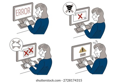 Mujer de oficina que enfrenta múltiples situaciones de problemas de computadora