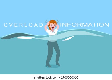 An office woman feels stressful from the overwhelming data that for her to analysis. The overload information makes the woman feel sinking in the sea.