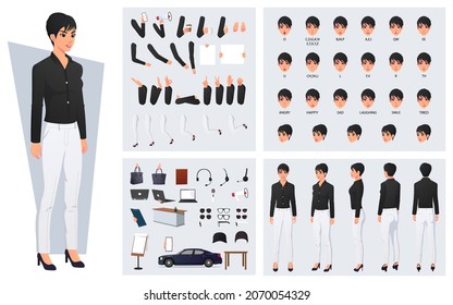 Office Woman Formal Wearing Pants and Shirt Character Constructor with Mouth Animation, Emotions, and Hand Gestures design