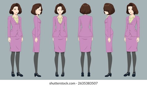 estilo de cabelo da mulher do escritório com vista frontal, lateral e traseira