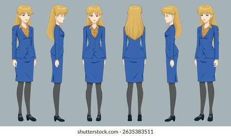 office woman hair style with front, side and back view