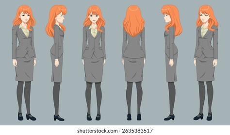 estilo de cabelo da mulher do escritório com vista frontal, lateral e traseira