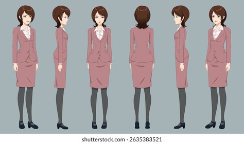 office woman hair style with front, side and back view