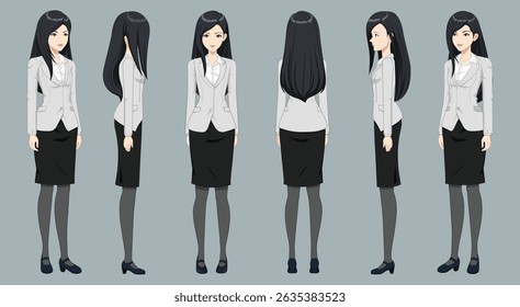 estilo de cabelo da mulher do escritório com vista frontal, lateral e traseira