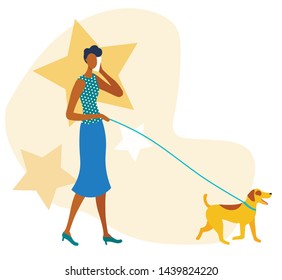 Office Woman Has Business Call during Walking Dog Cartoon. Successful Businesslady in Elegant Clothes Holding Puppy on Leash and Talking Smartphone. Busy Person Character. Vector Flat Illustration