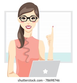 Office woman having an idea in front of laptop and pointing up with index finger