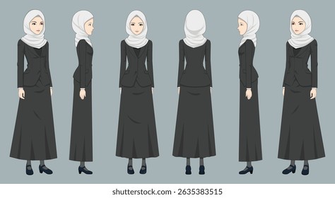 office woman headscarf with front, side and back view