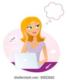 Office woman with Laptop dreaming about something Beautiful woman with think bubble isolated on white. Vector Illustration.