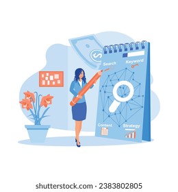 Eine Bürofrau macht ein SEO-Optimierungsprogramm in einem Notebook. Konzept für die Entwicklung von Internetunternehmen. SEO-Konzept. Trend-Moderne Vektorgrafik