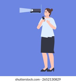 Escritório mulher fazendo anúncio vetor conjunto ilustração.