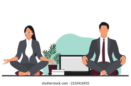 Office woman and man meditating sitting on the table. Office relax concept. Vector illustration